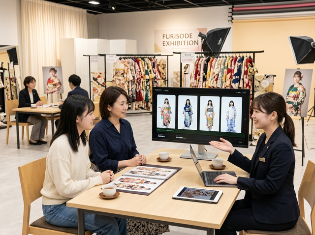 振袖展示会の会場で、スタッフがTryMirrorの画面を使い、AIで生成した試着イメージを母娘の来場者に提案している様子